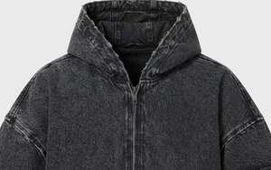 Sudadera con capucha de mezclilla lavada oversize con cremallera y parche de bandera, estilo urbano unisex, diseño de manga con dobladillo sin rematar, sudaderas con capucha para hombre, estilo otoño - Product Image 5