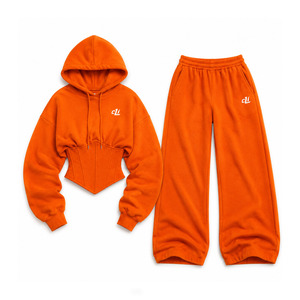 <b>Top</b> Quality Orange Corset Crop Hoodies Custom Cinched Waist <b>Y2K</b> Tracksuit Oversized Blank Joggers Sets Winter Fleece Streetwear - Product Image 1