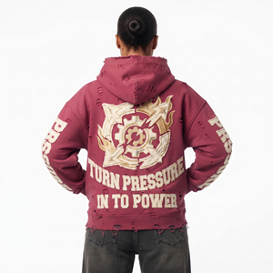 Baggy Zipper <b>Distressed</b> Embroidery Lined Oversized Windproof Hoodie Women Polyester/Cotton Fleece 550gsm Embroidery Hood <b>Top</b> - Product Image 2