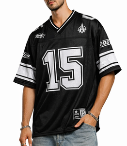 Maillots de football américain personnalisés à col en V et épaules tombantes, style streetwear, pour hommes, 100 % polyester, en maille, avec sublimation - Product Image 1