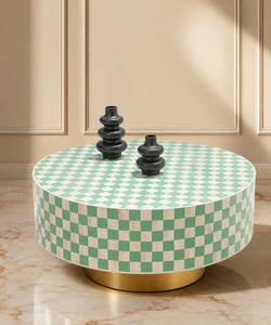 Modern Round <b>Wooden</b> Coffee <b>Table</b> with Bone Inlay and Checkerboard Design Handmade Marble Top Living Room Furniture - Product Image 2