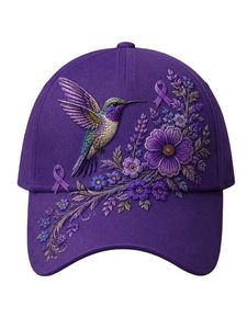 <b>Purple</b> Hummingbird Floral Embroidered Baseball Cap Unisex Adjustable 6-Panel 100% Polyester Breathable Waterproof Party Four - Product Image 5
