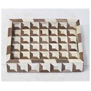 Plateau rectangulaire de service décoratif moderne, dernier design, fait main, incrustation d'os, motif marocain marron et crème - Product Image 6