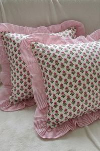 Funda de Cojín con Volantes Florales Rosas, Funda de Almohada de Algodón con Estampado de Bloques, Funda Decorativa para Cojín de Sofá o Cama - Product Image 3