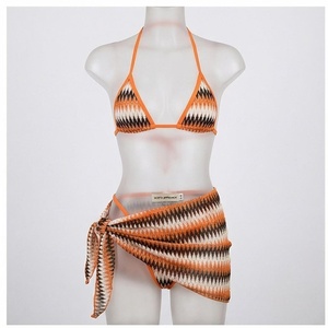 Ensemble bikini imprimé géométrique orange pour femme, haut dos nu, bas à nouer sur les côtés, style asymétrique, maillot de bain deux pièces, tenue de plage - Product Image 4