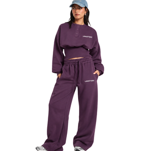 Ensemble de survêtement décontracté deux pièces pour femme, coupe courte, avec fermeture à boutons, en molleton, col rond, taille élastique, jambe large, tenue de sport décontractée - Product Image 2