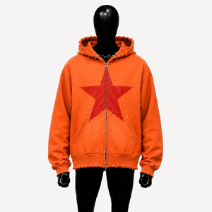 Sweat à capuche zippé oversize orange avec imprimé étoile rouge, bords déchirés, style streetwear unisexe, coupe ample, fermeture éclair intégrale - Product Image 1