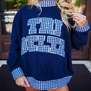เสื้อสเวตเชิ้ตโอเวอร์ไซส์ Tri Delta สีน้ำเงินลายตารางปักลายตารางสไตล์ Preppy ทรงปกติ ใส่ได้ทั้งชายและหญิง เหมาะสำหรับใส่ในฤดูใบไม้ร่วง - Product Image 1