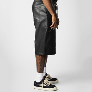 Men's Black PU Coated Bermuda Shorts Moto Biker Style With Zipper Pockets Drawstring Waist Solid Pattern - Product Image 3