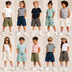 Shorts cargo pour enfants en sergé de coton, multi-poches, fabriqués au Bangladesh, surplus de vêtements, déstockage, export en gros - Product Image 1