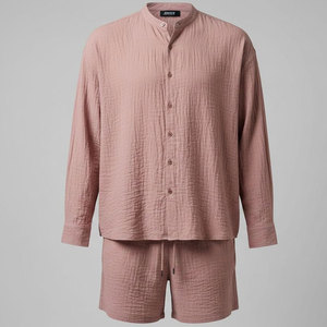 Conjunto de 2 Piezas para Hombre, Ligero, Bordado, de Algodón y Poliéster Arrugado, con Botones, Camisa y Pantalones Cortos, para Playa, Vacaciones y Viajes - Product Image 1