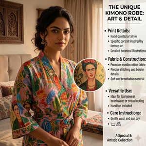 Kimono de Algodón Artesanal con Estampado Floral Boho de Lujo |   Ropa de resort de manga larga con cuello en V para mujer con bolsillos |   Ropa de Dormir Sostenible de Boutique - Product Image 6