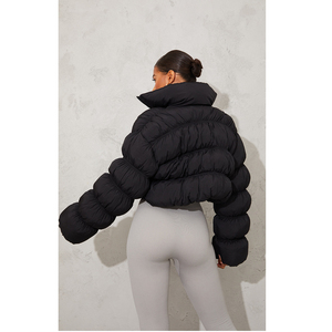 Women's Black Quilted Puffer Jacket Full Sleeve Stand Collar Zipper Closure <b>Thick</b> <b>Winter</b> <b>Coat</b> Solid Color Short Length - Product Image 3