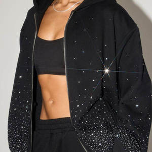 Sweat-shirt à capuche unisexe noir avec fermeture éclair et strass, de haute qualité, coupe ample, décontracté, couleur noire, pour l'automne, pour homme - Product Image 2