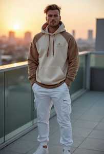 Conjunto de Pantalones Cargo Blancos y Sudadera con Capucha de Forro Polar Ecológico Tejido para Hombre, Diseño Sólido, Manga Regular, Ropa de Otoño - Product Image 1