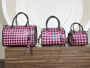Western <b>Style</b> Pink & Black Checkered Medium Speedy Bag Stylish Women's Shoulder Crossbody Handbag Hand Tooled Leather Duffel Bag - Product Image 6