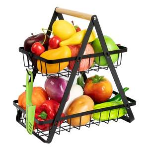 Panier de rangement double couche détachable et assemblable en bois et fer pour fruits et légumes, idéal pour la cuisine - Product Image 1