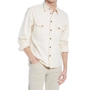 Camisa de Mezclilla Blanca Premium, Casual, Manga Larga, con Botones, de Algodón Twill, con Dos Bolsillos, Color Neutro, Lavado Transpirable - Product Image 1