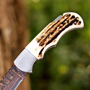 Couteau pliant artisanal en cuivre damas, ultra-affûté, avec manche en corne de cerf, personnalisable OEM/ODM, vente directe usine, couteaux de poche EDC - Product Image 6
