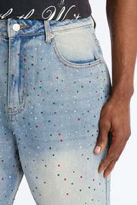 Jeans de Pierna Recta con Pedrería de Alta Calidad, 100% Algodón, Lavado Medio, para Hombre - Product Image 3