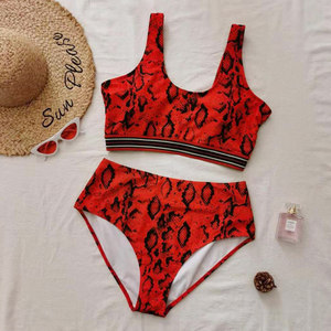 <b>Red</b> Leopard Print Two Piece Bikini Set Scoop Neck High Waist Plus Size Spandex Polyester <b>Crop</b> <b>Top</b> With Contrast Binding - Product Image 6