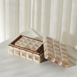 FAIZA CRAFT Organisateur de bijoux de luxe moderne gravé, personnalisable, en résine d'os et MDF, motif carré gris et blanc, fait main - Product Image 6