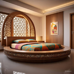 Cama principal sofisticada con una talla floral abstracta en madera como punto central, disponible a precios de mayorista. - Product Image 2