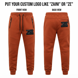 Premium Cotton Fleece 320 GSM Mens Jogger Pant Rust Brown 3D Rubber Logo Zip Pockets Curved <b>Panel</b> Detail Custom Made - Product Image 1