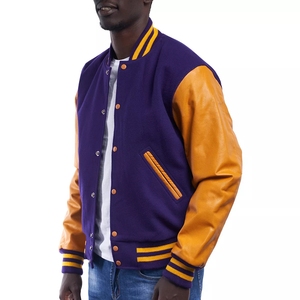 Veste de sport pour homme bleu marine avec manches en cuir PU, col rabattu, fermeture à boutons, vêtement décontracté pour l'automne - Product Image 3