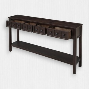 Mesa Consola Moderna de Hierro Marrón Oscuro con 4 Cajones y Perillas Redondas, Estante Inferior Abierto, Mueble para Sala de Estar o Entrada - Product Image 1