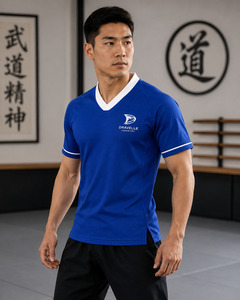 Chemise d'entraînement d'arts martiaux bleue à col en V pour homme, best-seller, respirante, en polyester, uniforme pour la pratique du karaté et du taekwondo - Product Image 1