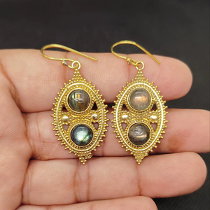 Bohemian Natural Stone Bead Hoop Earring Vintage Luxury Gold Plated Gemstone Statement Hoop Earrings Handmade Brass Jewelry - Product Image 1