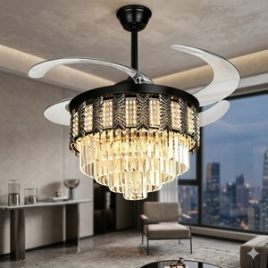 Modern Retractable Blade <b>LED</b> <b>Ceiling</b> Fan <b>Crystal</b> Chandelier Remote Control Luxury Invisible Silent Motor Gold <b>Lighting</b> Fixt - Product Image 3