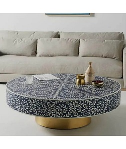 Modern <b>Round</b> Bone Inlay Handmade Coffee <b>Table</b> with Unique Design and Timeless Appeal Includes Adjustable <b>Console</b> - Product Image 2
