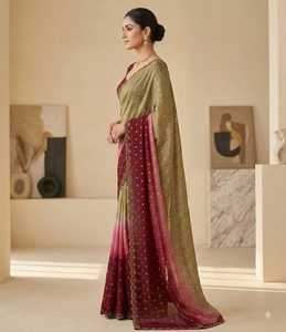 Sari en soie douce à double teinte avec broderie et bordure festonnée, motif Butti tissé - Product Image 2