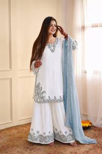 Ensemble Salwar Kameez en coton brodé blanc avec dupatta bleu clair, tenue décontractée traditionnelle indienne et pakistanaise pour femme, coupe ample longueur cheville - Product Image 2