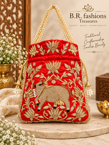 B.R. Bolsa de Cordón con Bordado de Vaca en Seda Roja de Lujo, con Borlas de Perlas, Hecha a Mano con Artesanía Tradicional - Product Image 3