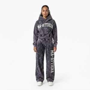 Custom <b>Women</b> Acid Wash Charcoal Gray Cropped Wrap Hoodie Wide Leg <b>Jogger</b> Set Cotton Fleece Embroidered Belt Vintage Tracksuit - Product Image 1