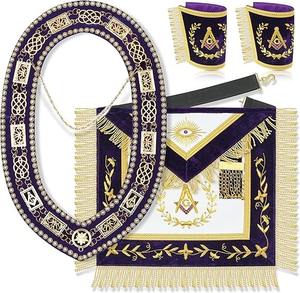 Tablier maçonnique artisanal en peau d'agneau 100% pour Maître Maçon de Grande Loge, avec collier et manchettes à chaîne - Ensemble de regalia de qualité supérieure - Product Image 1