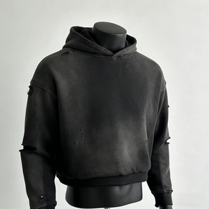 Sweat-shirts à capuche OEM Premium pour hommes, style streetwear, en molleton, coupe courte et ample, épaules tombantes, effet vieilli et délavé soleil, bords bruts, pour l'hiver - Product Image 3
