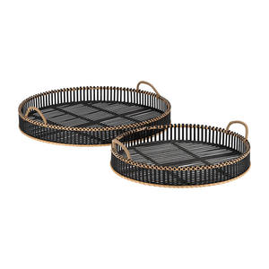 Modern <b>Black</b> Round Rattan <b>Tray</b> Handcrafted Wicker <b>Serving</b> Platter With Natural Jute Wrapped Arched Handles For Table Decor - Product Image 4