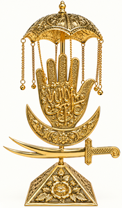 Escultura Artesanal de Mano Hamsa en Plata con Incrustaciones de Turquesa y Espada en Forma de Media Luna, Pieza de Arte Decorativa Religiosa Tradicional para Mesa - Product Image 2