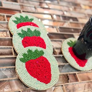 Handmade Strawberry <b>Beaded</b> <b>Coaster</b> Round Modern Durable Embroidered Fruit Design Cute Table Decor KANT K PRIVATE LIMITED - Product Image 1