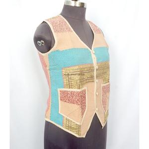 Boho Style Women's Short Vest <b>Kantha</b> <b>jacket</b> handmade Cotton <b>kantha</b> vest <b>Jacket</b> with pockets decorate and v-neckline for women - Product Image 3