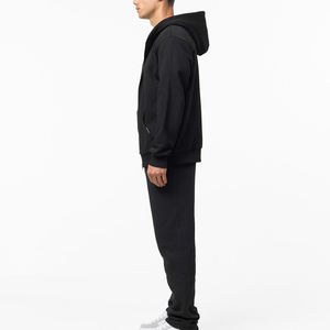 Survêtement à capuche zippé noir pour homme avec poches latérales, coupe décontractée, couleur unie, 100 % coton, poids moyen, idéal pour l'automne - Product Image 5