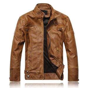 Veste de motard en cuir véritable pour homme, couleur café foncé, style moto tendance - Product Image 1