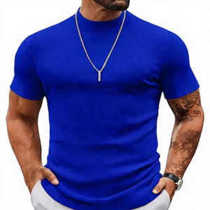 T-shirt décontracté à manches courtes en tricot à col roulé rouge pour homme, coupe ajustée, couleur unie - Product Image 4