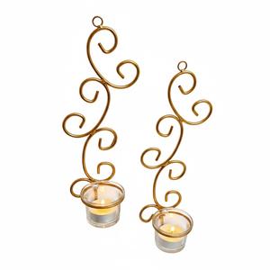 Juego de 2 candelabros de pared de metal dorado, portavelas de hierro para colgar en la pared, para decoración del hogar, bodas y sala de estar - Product Image 1