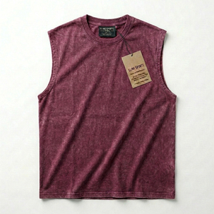 Camiseta sin mangas de punto 100% algodón transpirable con lavado ácido desgastado estilo retro, bordado, aberturas en los hombros, marca privada, streetwear - Product Image 5