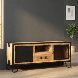 Mueble para TV de Madera Reciclada Industrial con Estructura Metálica Negra, Puertas y Estantes Abiertos, Estilo Rústico - Product Image 4